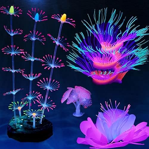 Paquete de 4 plantas de silicona para decoración de peceras brillantes con simulación de lechón brillante, anémona de mar de coral, fluorescencia,