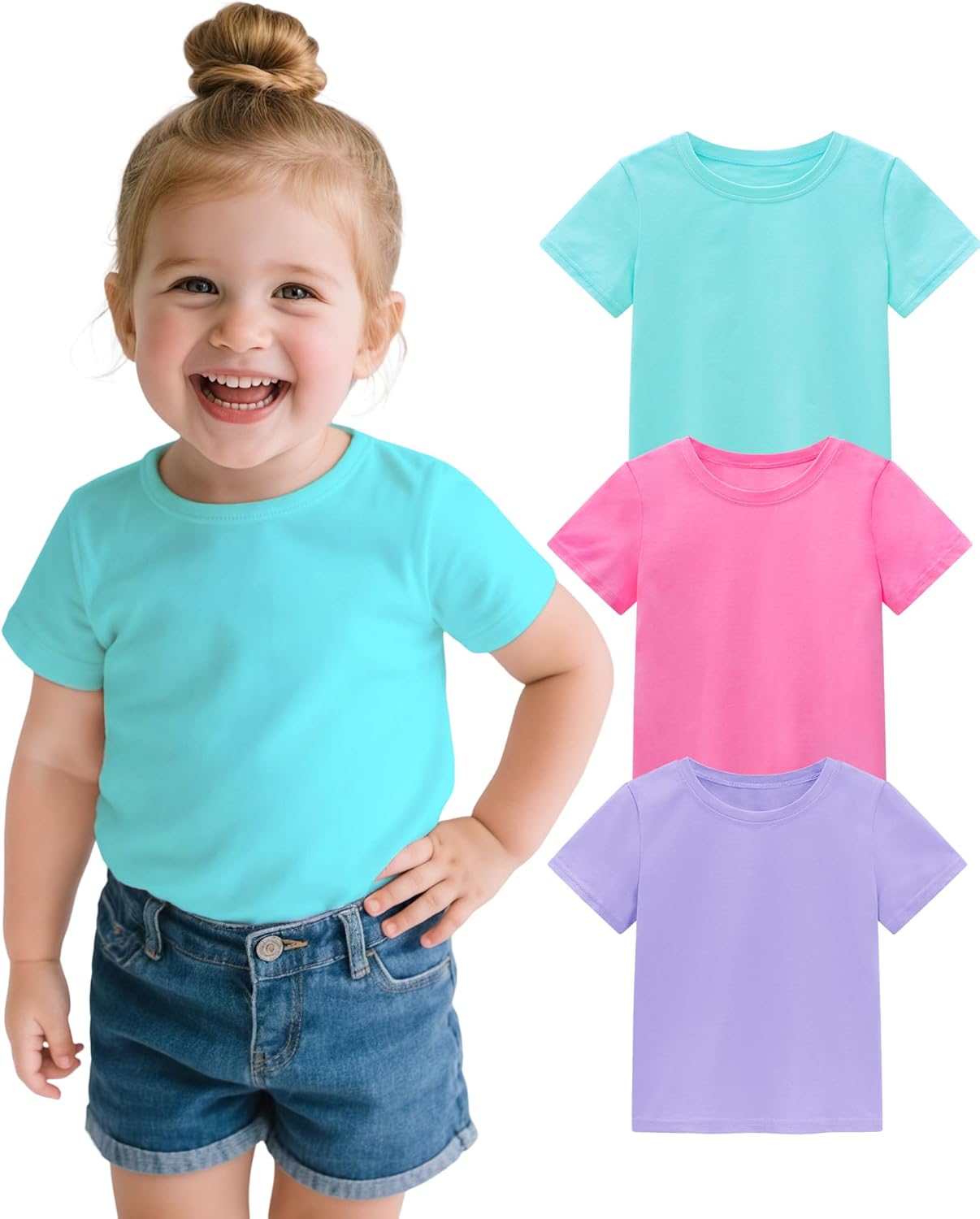 ZUEMET 3 Pack Baby Girls Short Sleeve T-Shirts Infant Soft Cotton Tee Toddler Girl Clothes Size 18M-5T