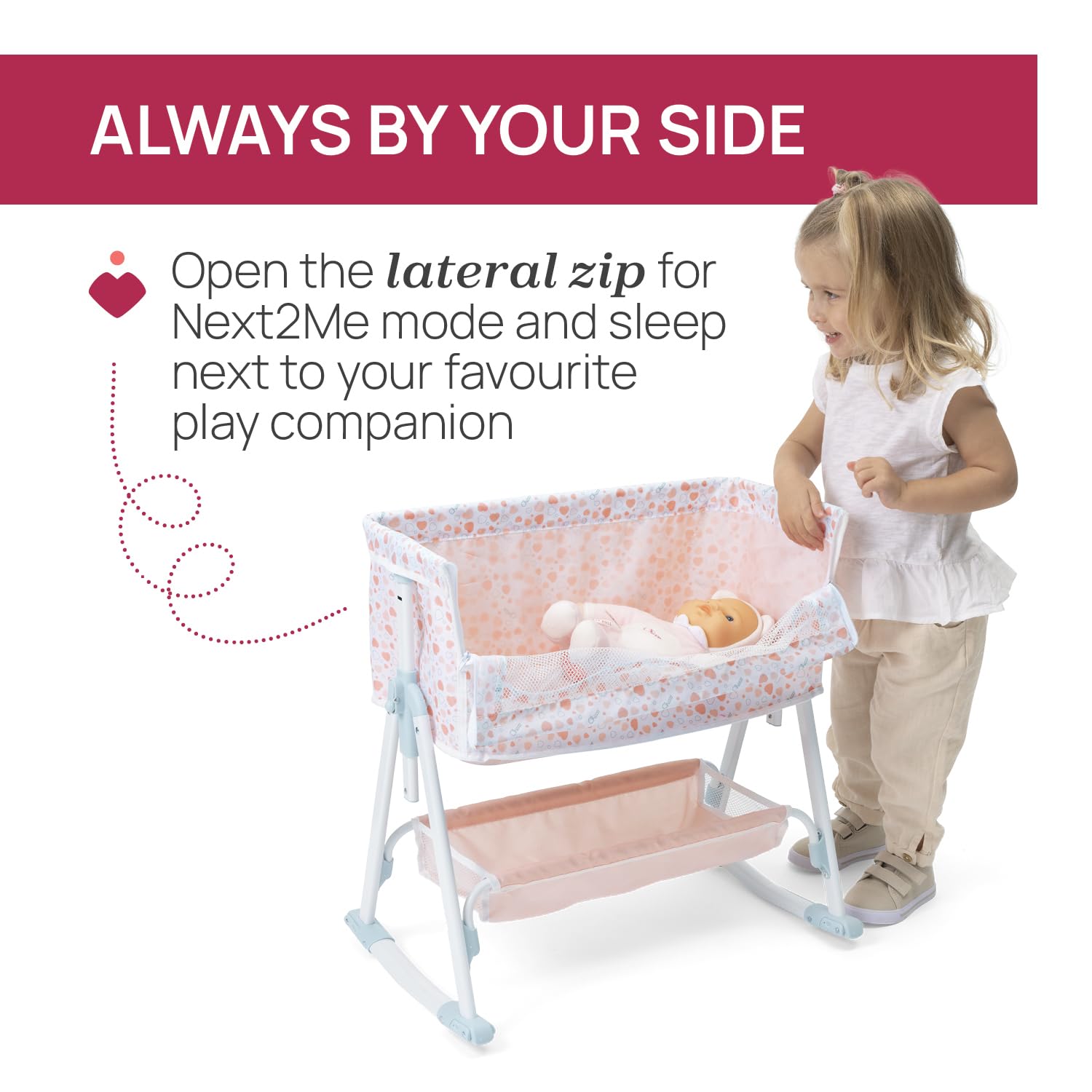Chicco Berceau Next to Me pour poupées, pour enfants à partir de 3 ans,berceau jouet, réglable en hauteur,avec structure en métal et détails réalistes,facile à assembler, avec mode balancement ou fixe