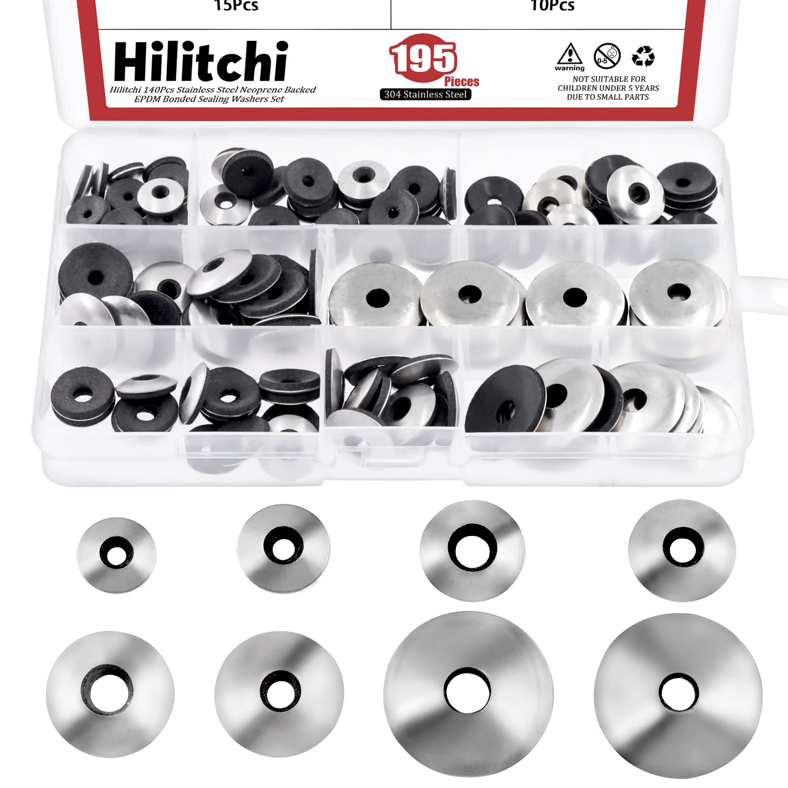 Photo 1 of Hilitchi 195Pcs 8Sizes Stainless Steel Neoprene EPDM Bonded Sealing Gasket Washers, Cushioning Washers Assortment Kit