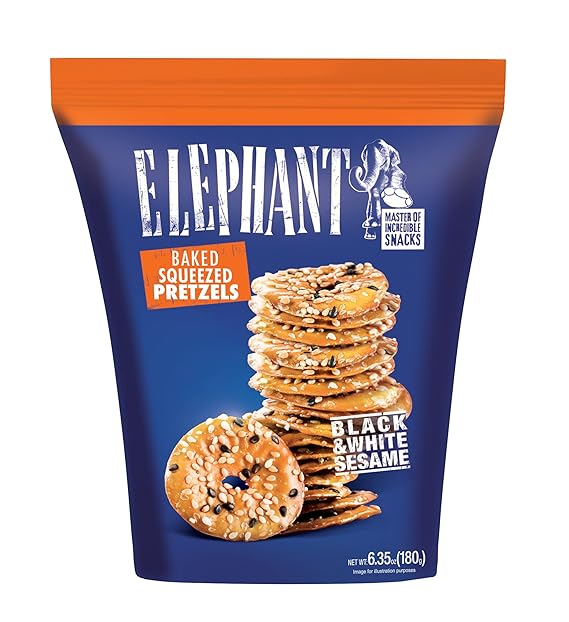 ELEPHANT Baked Squeezed Pretzels, Black&White Sesame Flavour, 6.35 Oz, (Pack of 12)