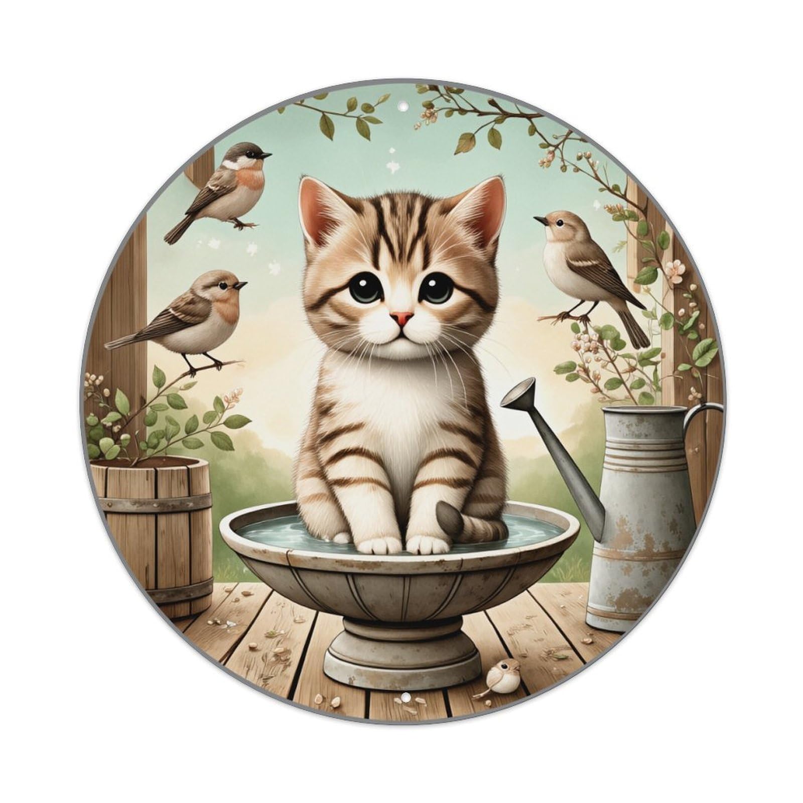 Jdfenggu Vintage Cute Kitten Birds Garden Bowl Retro Metal Tin Sign, Metal Poster For Bar, Home, Man Cave, Kitchen, Laundry Room Art Decor 8X8 Inch