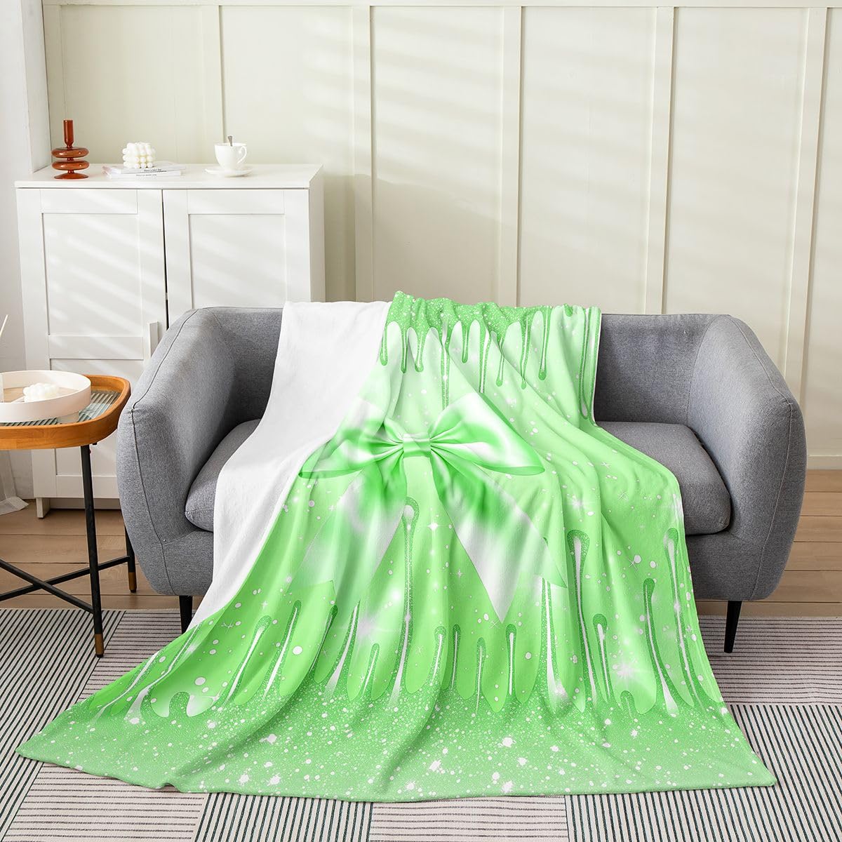 Castle Fairy Princess Romantic Bow Tie Flannel Blanket Glitter Green Fleece Throw Blanket for Room Decor,Cute Bowknot Bedding Set for Bed Sofa Couch,Throw 50"x60"
