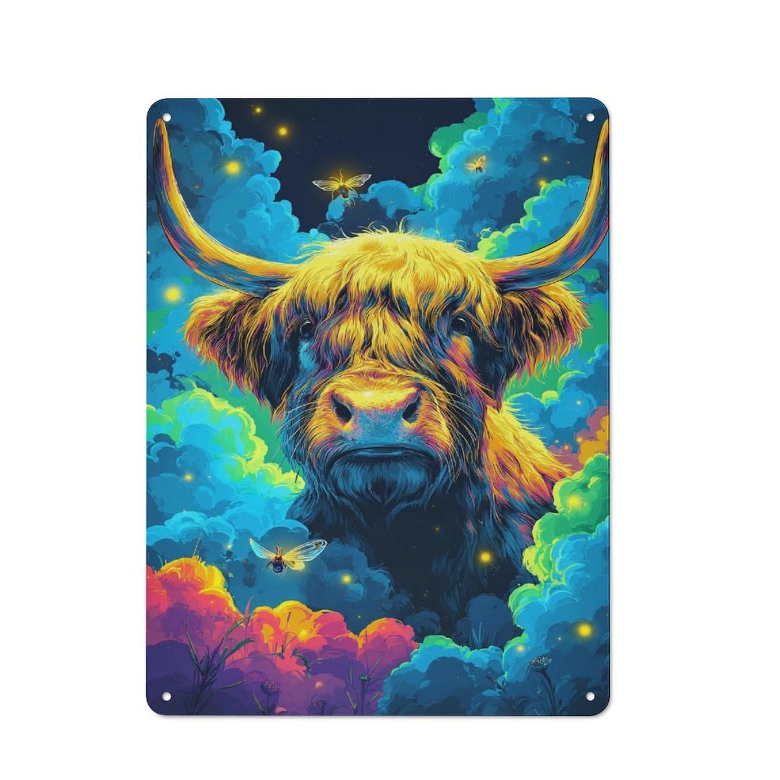Junmoney Colorful Highland Cow Fantasy Scene Printed Metal Sign 40X30cm For Studio Or Craft Room, A New Home Present For Creative-Space Collectors