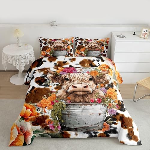 Highland - Juego de edredón de copa de ganado para niños y adultos, juego de edredón suave de piel de vaca retro, tamaño matrimonial, edredón de