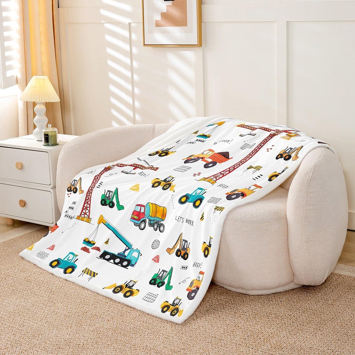 Feelyou Heavy Machinery Truck Fleece Throw Blanket Tractor Crane Sherpa Blanket for Kids Boys Girls Youth Construction Site Fuzzy Blanket for Sofa Bed Couch Nursery Decor,Twin 60x80 Inches