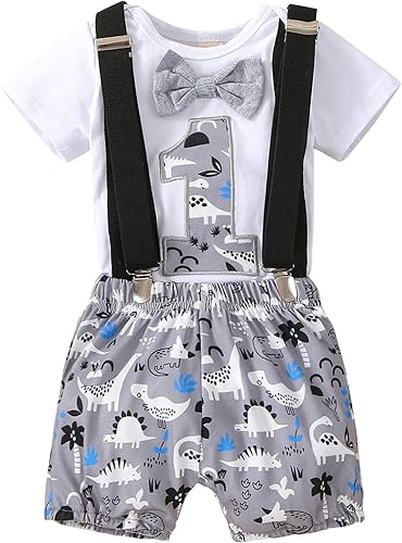 Miniatura 2 de Conjunto de 3 piezas para bebé niño con estampado de pastel de dinosaurio para primer cumpleaños, caballero con corbatín y tirantes y pantalones