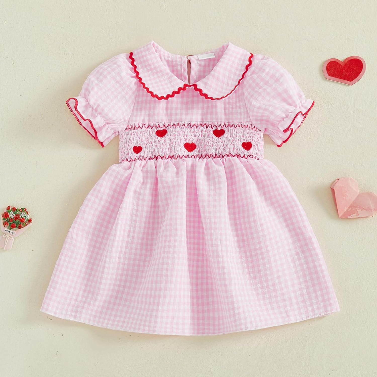 Honganda Toddler Baby Girl Valentine's Day Outfit Puff Sleeve Doll Collar Heart Smocked Dress Summer Plaid Princess Dresses - Image 3