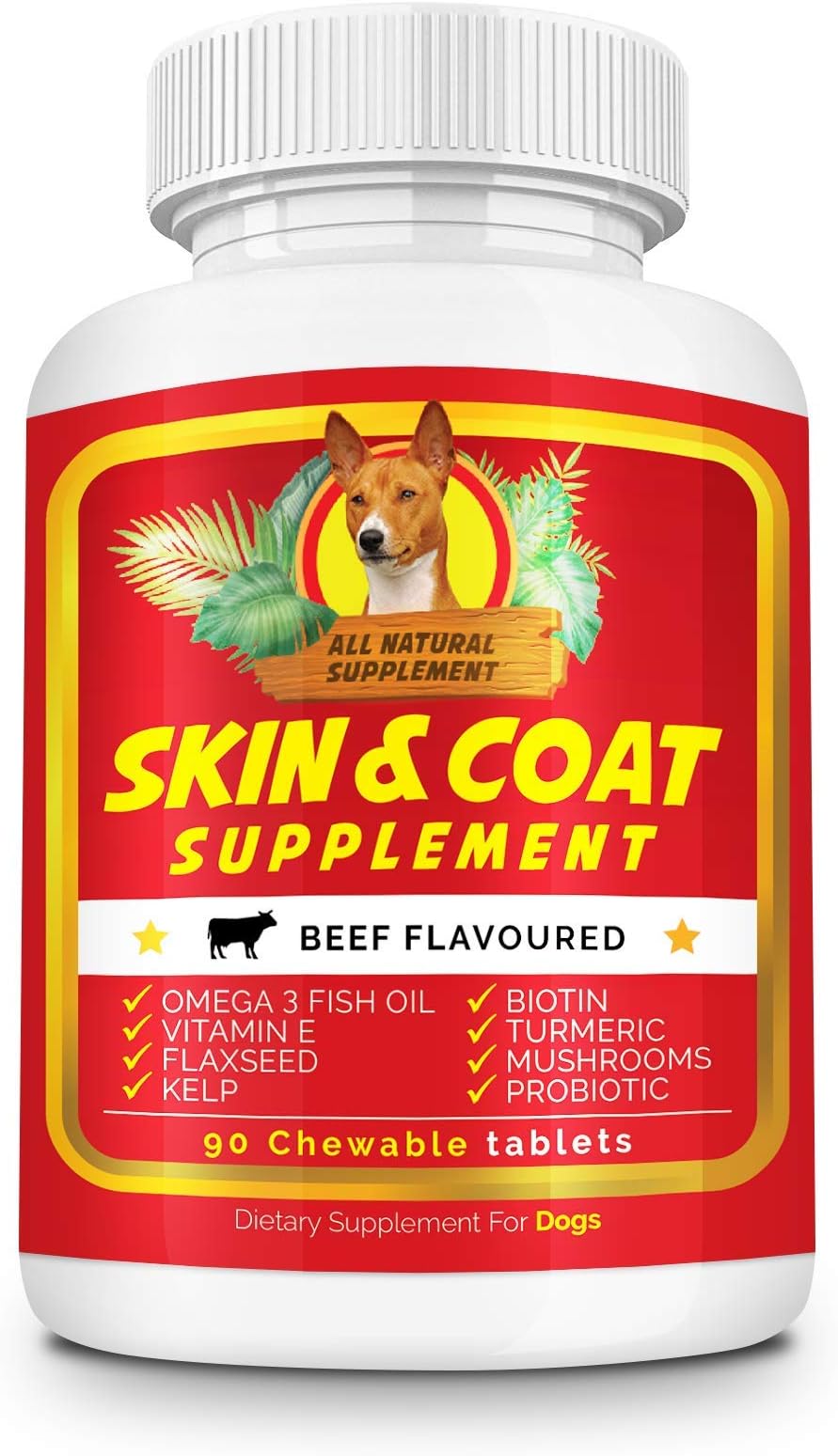 Furious Fitwear Dog Skin and Coat Supplement with Omega 3 Fish Oil, Flaxseeds, Vitamin E, Biotin and Mushrooms Defense Support for Allergy - 90 Chewable Tablets