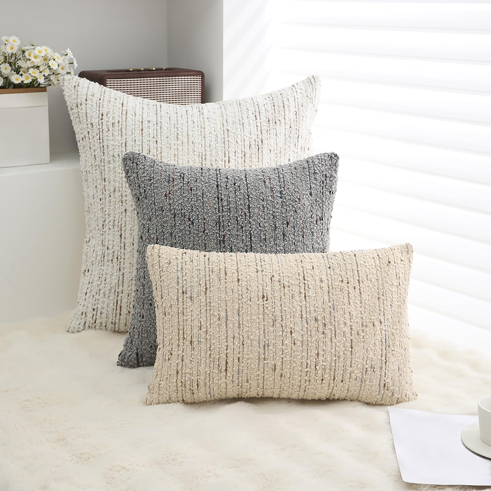 GIKKEARL Textured Boucle Lumbar Pillow Covers 12x20 Neutral Striped Throw Pillows Soft Modern Farmhouse Pillow Cases, 1pc Decorative Accent Rectangle Couch Cushion Cover for Bed Sofa, Cream Brulee 3