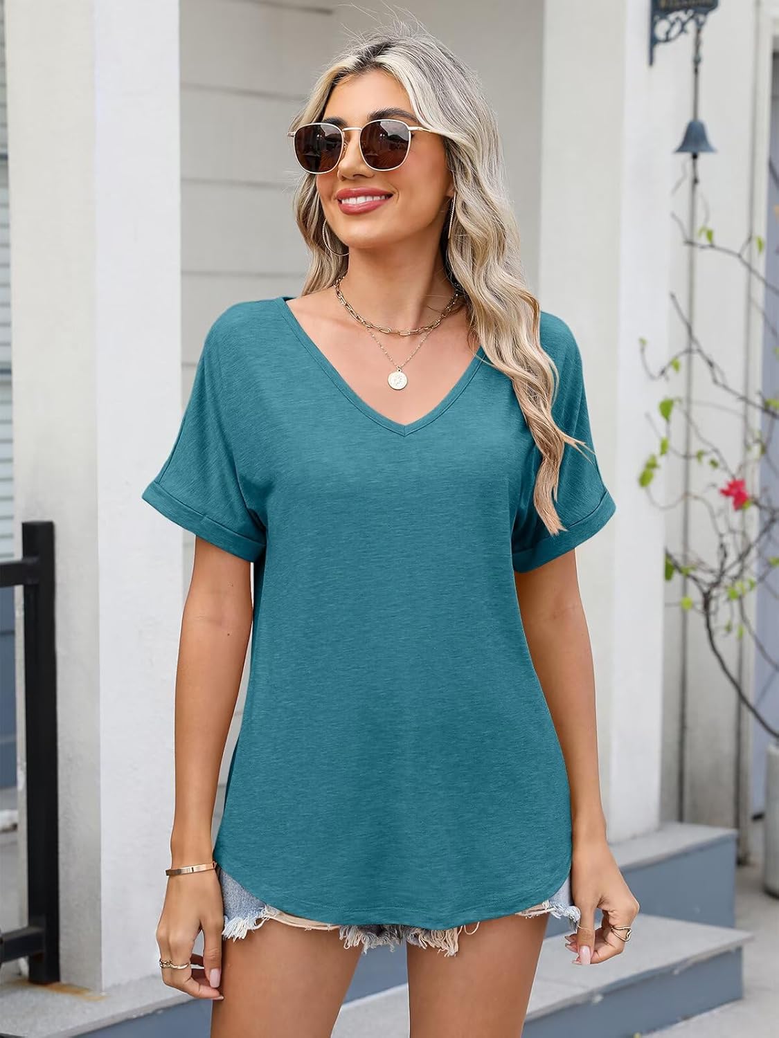 EADINVE Womens V Neck Rolled Sleeve T Shirts Curved Hem Short Sleeve Tops Summer Trendy Tees Loose Fit Tunic Shirts 2026 - Image 4