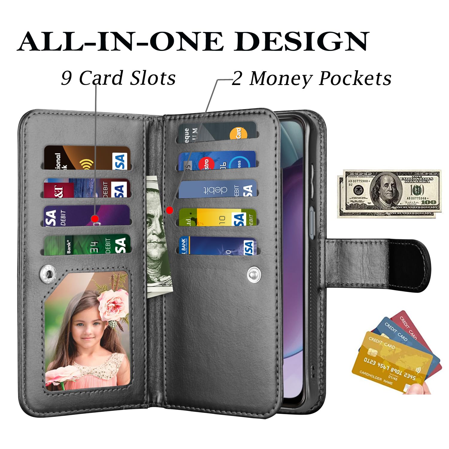 Takfox Wallet Case for Motorola Moto G Stylus 2023 5G, for Moto G Stylus 2023 Case, PU Leather Credit Card Holder Slots Case Folio Flip Detachable Magnetic Cover Kickstand & Carrying Strap, Black