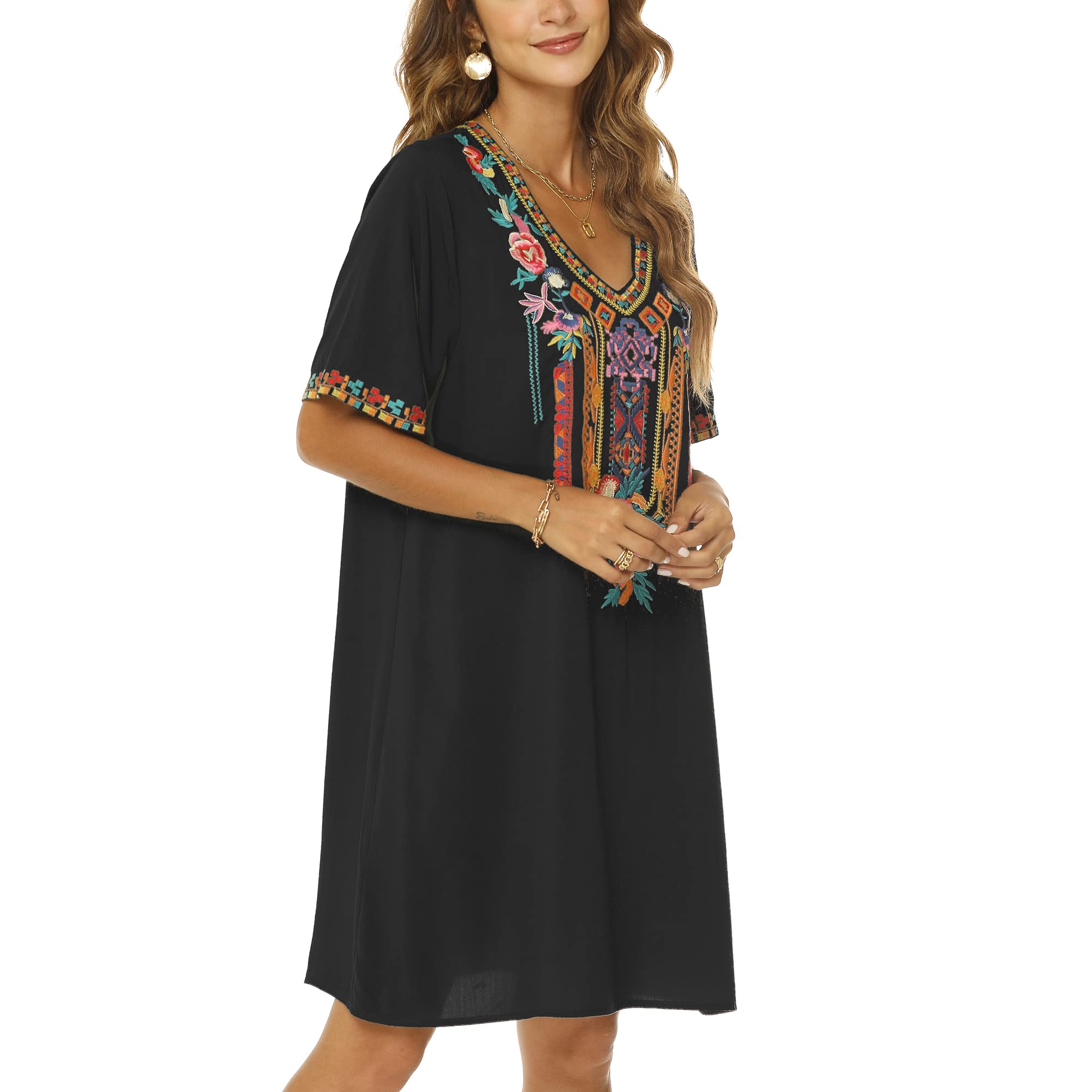 Donna Estate Boho Mexican Peasant Dress Manica Corta Ricamata Floreale Flowy Dresses Tunica Hippie Bohemian Sciolto