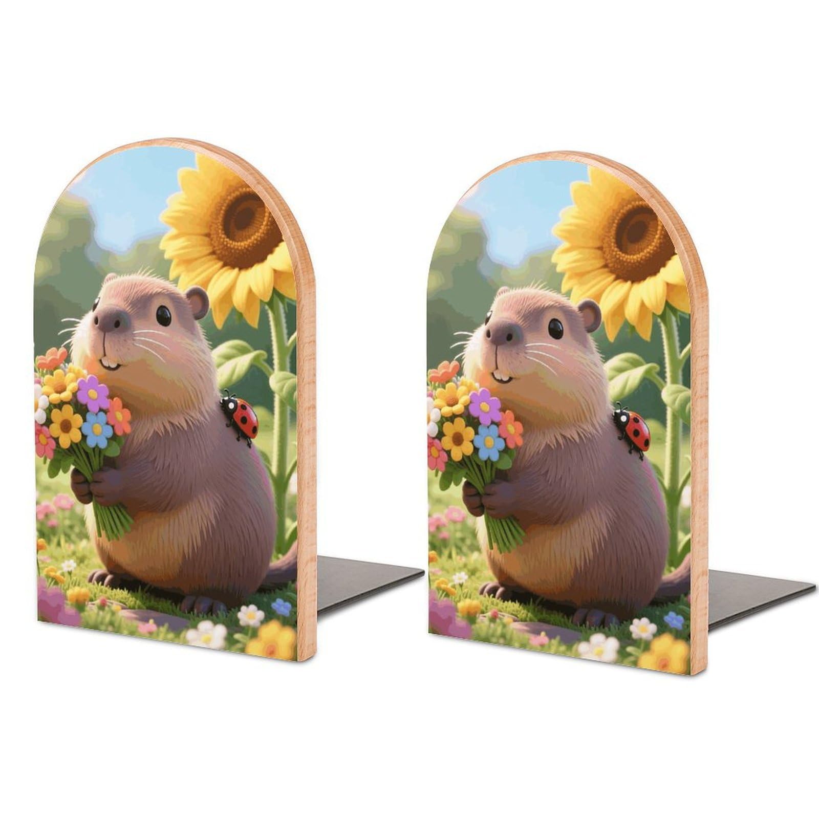 Sujetalibros de capibara y madera con base de metal resistente