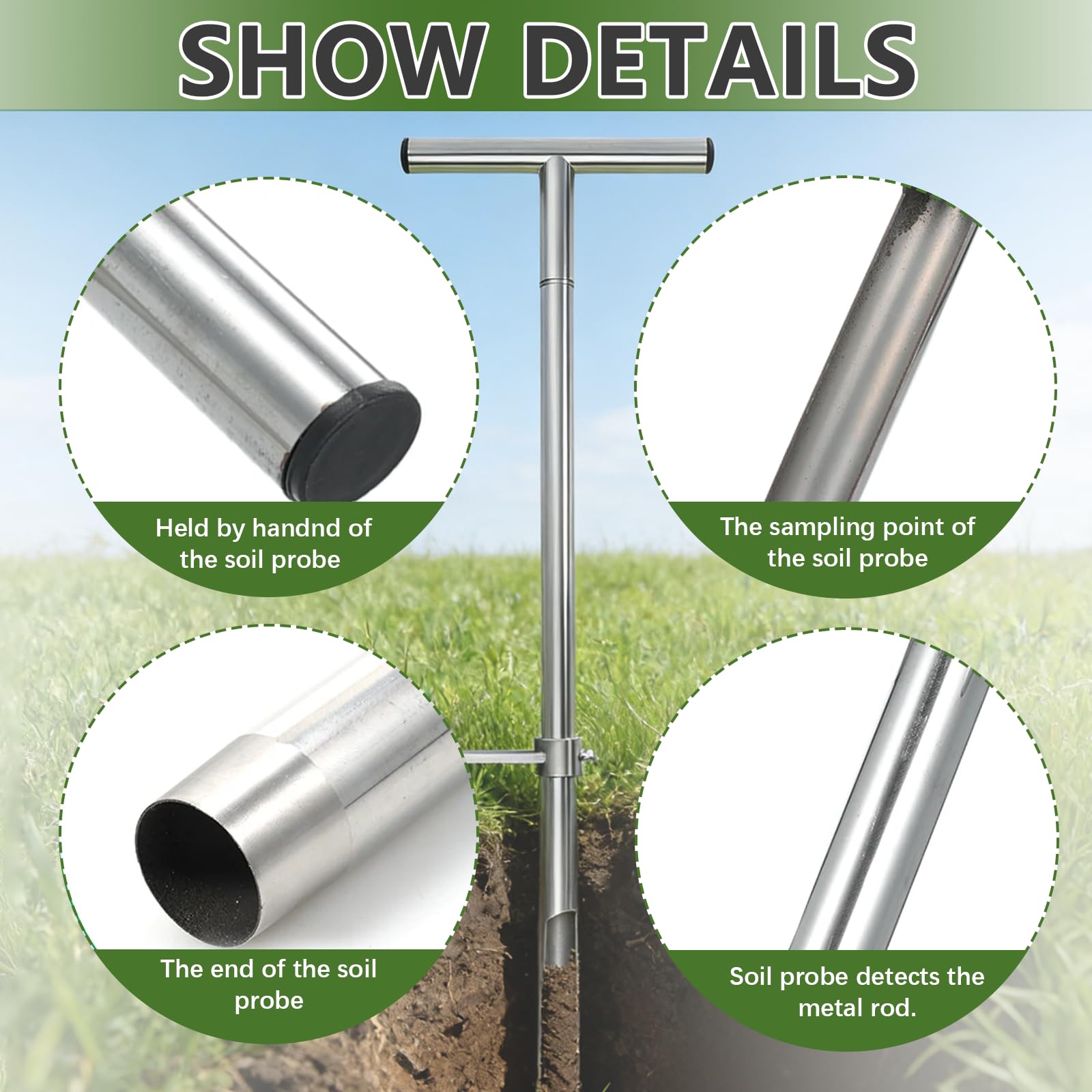 Sondes pour Échantillons de Sol, Sonde D'échantillonneur de Sol en Acier Inoxydable 304 Poignée Style T Kits de Test avec 2 Sacs d'Échantillons pour Pelouse Ferme Jardin
