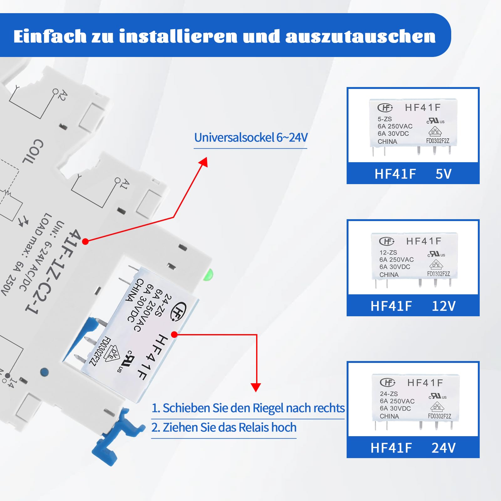 (10pcs)24V Relé Din Rail potencia en miniatura;Silm,Electroválvula PLC,5 Pin SPDT con Push in Socket,Bobina dc/ac,electromagnético,Max 6A 250VAC