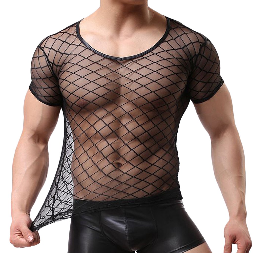 Gazechimp Camiseta de Malla Transparente Chaleco con Manga Corta Ropa Interior de Apretada Muscular Ajuste para Hombres de Negro - Negro