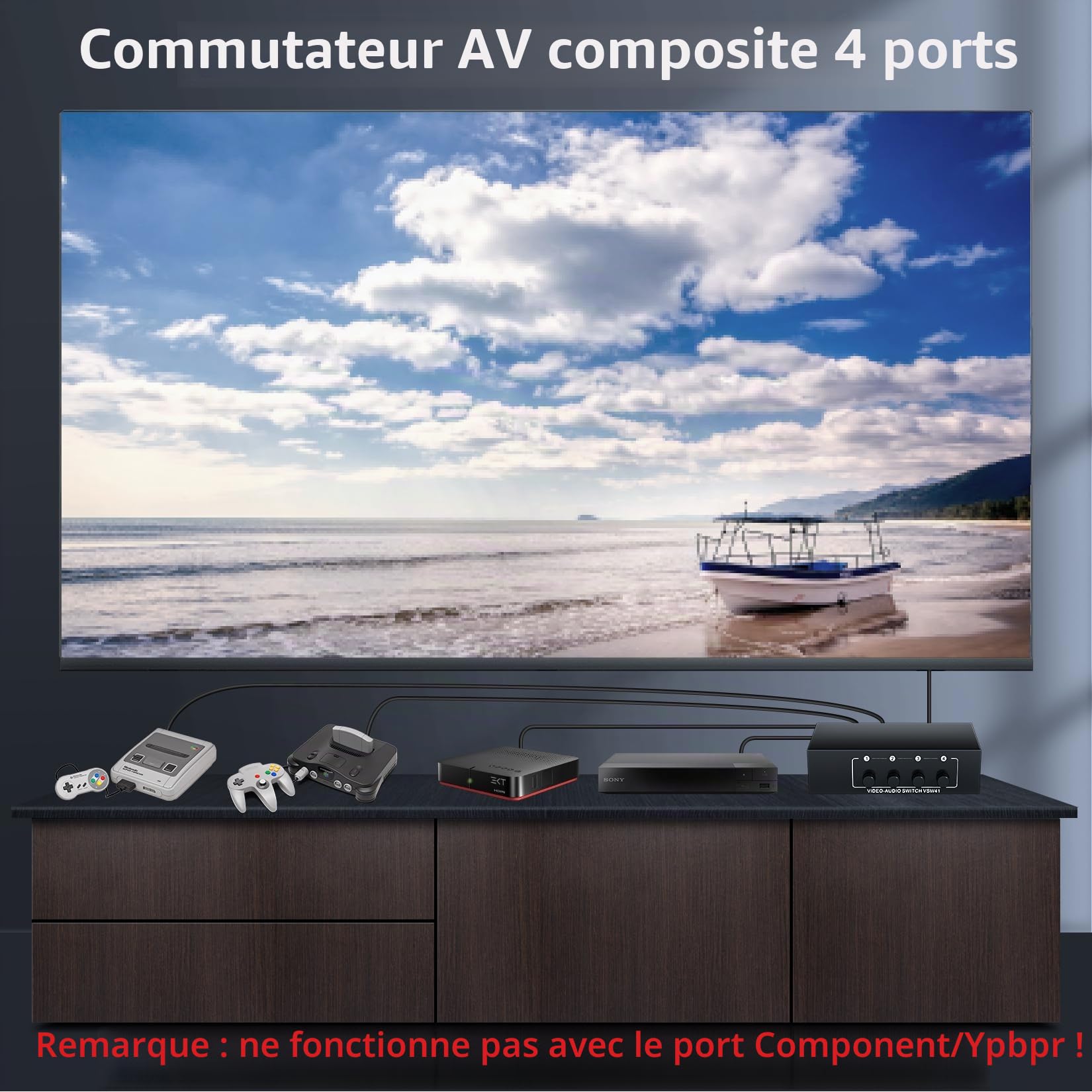 BolAAzuL Commutateur Audio RCA L/R 4 Entrées 1 Sortie, Switch Audio Vidéo Composite L/R Commutateur 4 in 1 Out Sélecteur AV 4 Ports Boîte de Sélection Plug & Play pour Wii PS2 Xbox DVD STB HDTV
