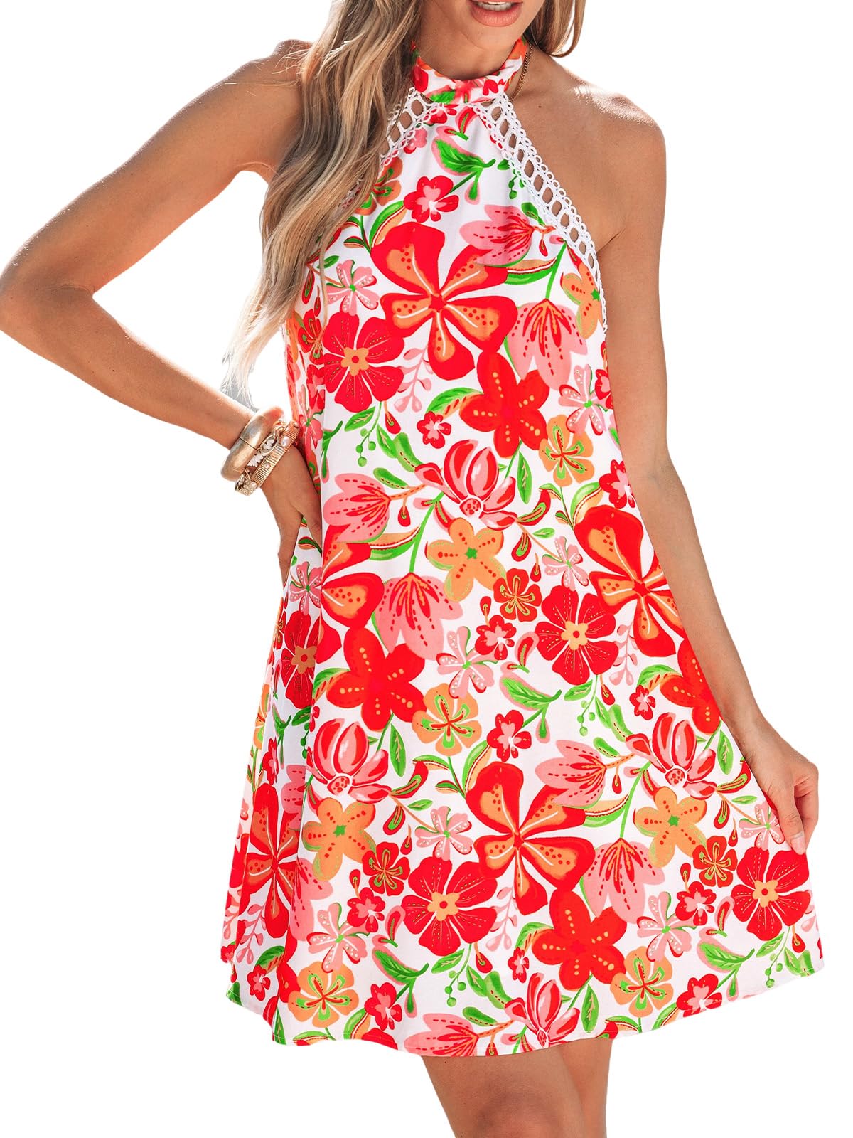 CUPSHE Lace Trim Summer Dress Halter Neck Backless Vacation Mini Dress
