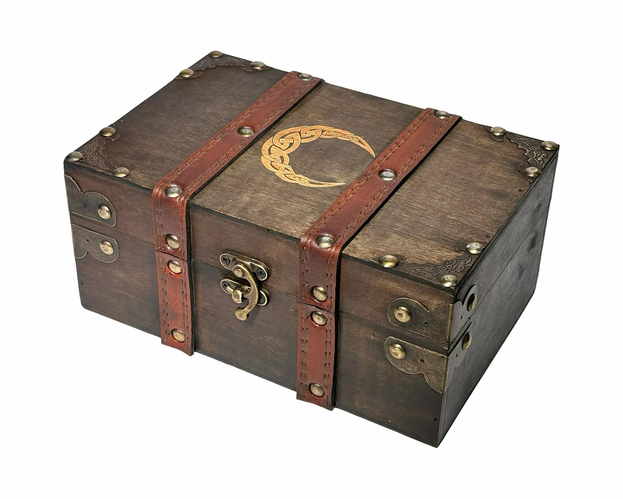 Crescent Engraved Wood and Leather Chest Box, Celtic Moon Wooden