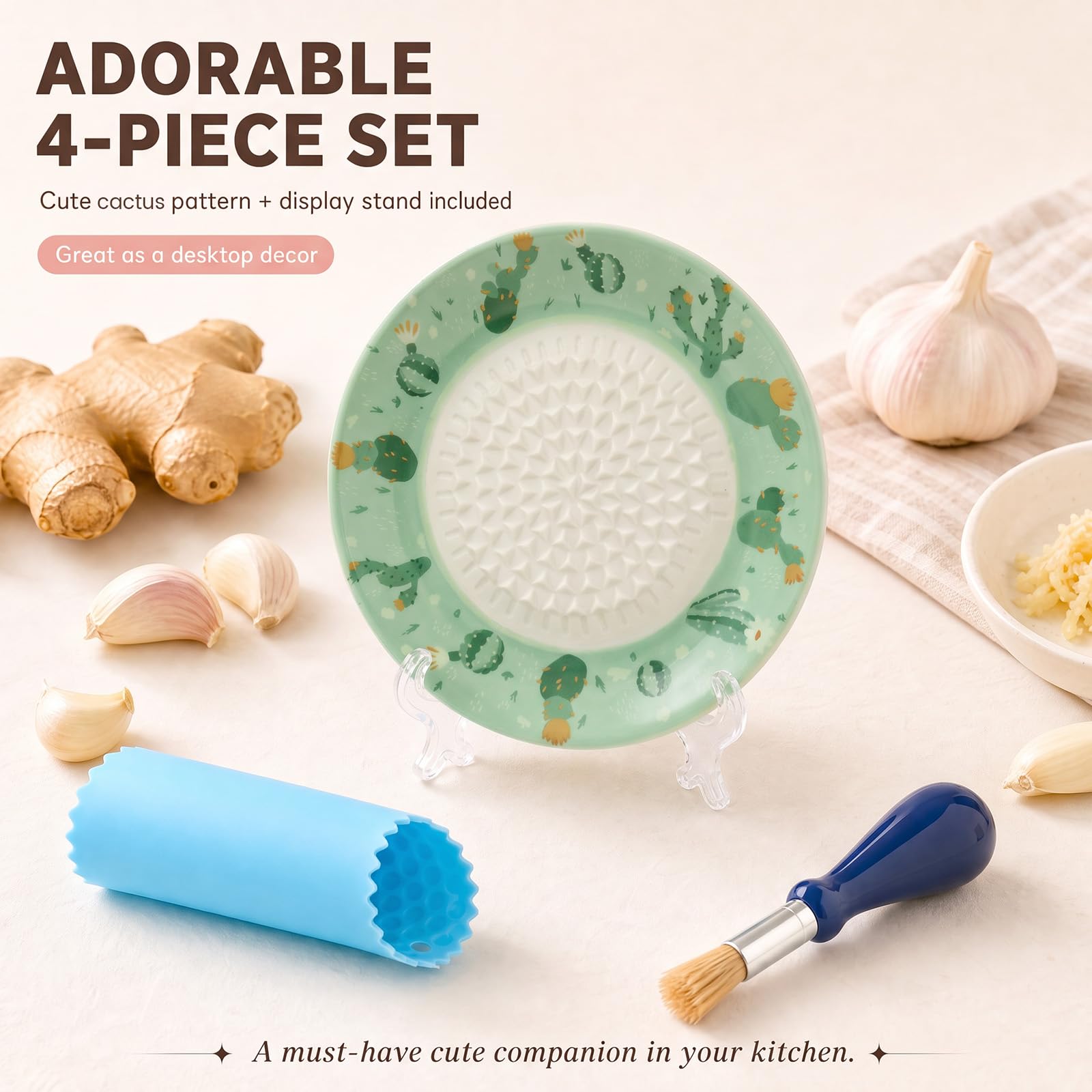 Garlic Grater Plate Set including Brush and Peeler, Dishwasher Microwave Safe, Green Cactus - Image 8