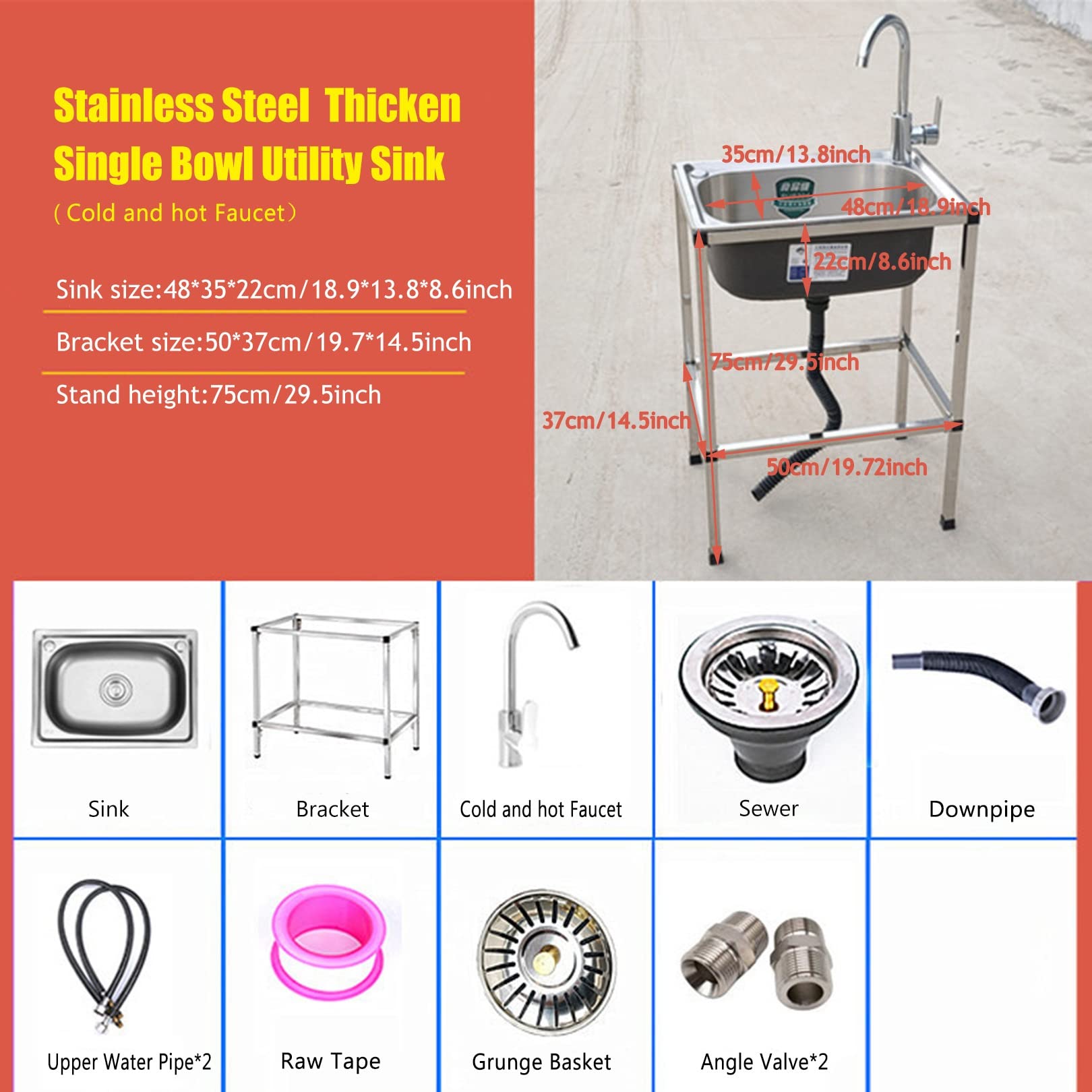 Évier Utilitaire Autoportant Acier Inoxydable, Évier De Cuisine Buanderie Cuve Simple Lavabo À Main Évier De Cuisine, pour Restaurant, Cuisine, Bar, Garage, Arrière-Cour(50 * 37cm)