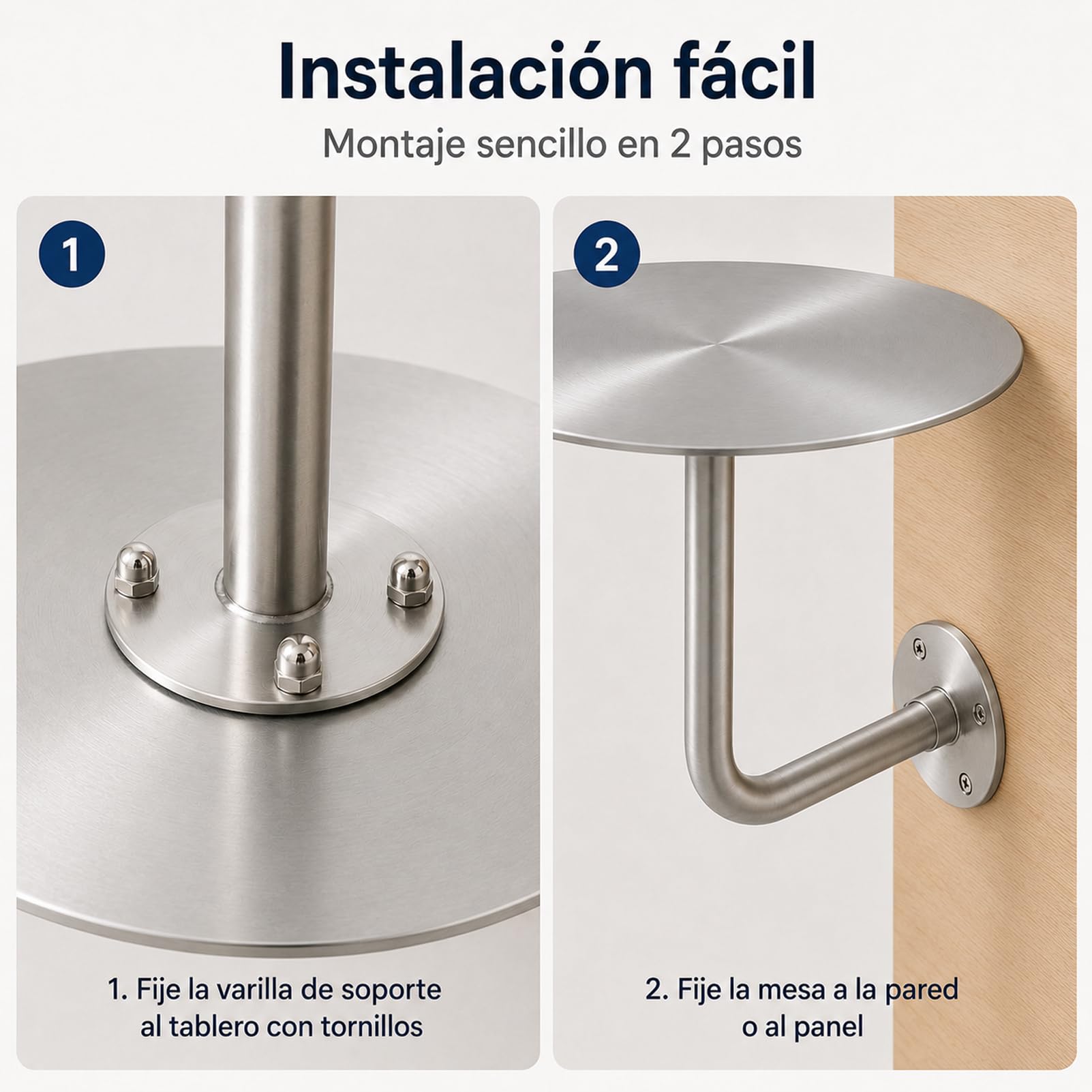 Mesa Auxiliar de Pared Redonda de Acero Inoxidable, Ø40 cm, Mesa Mural Flotante con Tablero de 3 mm, Soporte Estable hasta 25 kg, mesita compacta para Dormitorio, cafetería, Gimnasio y Sala de Espera