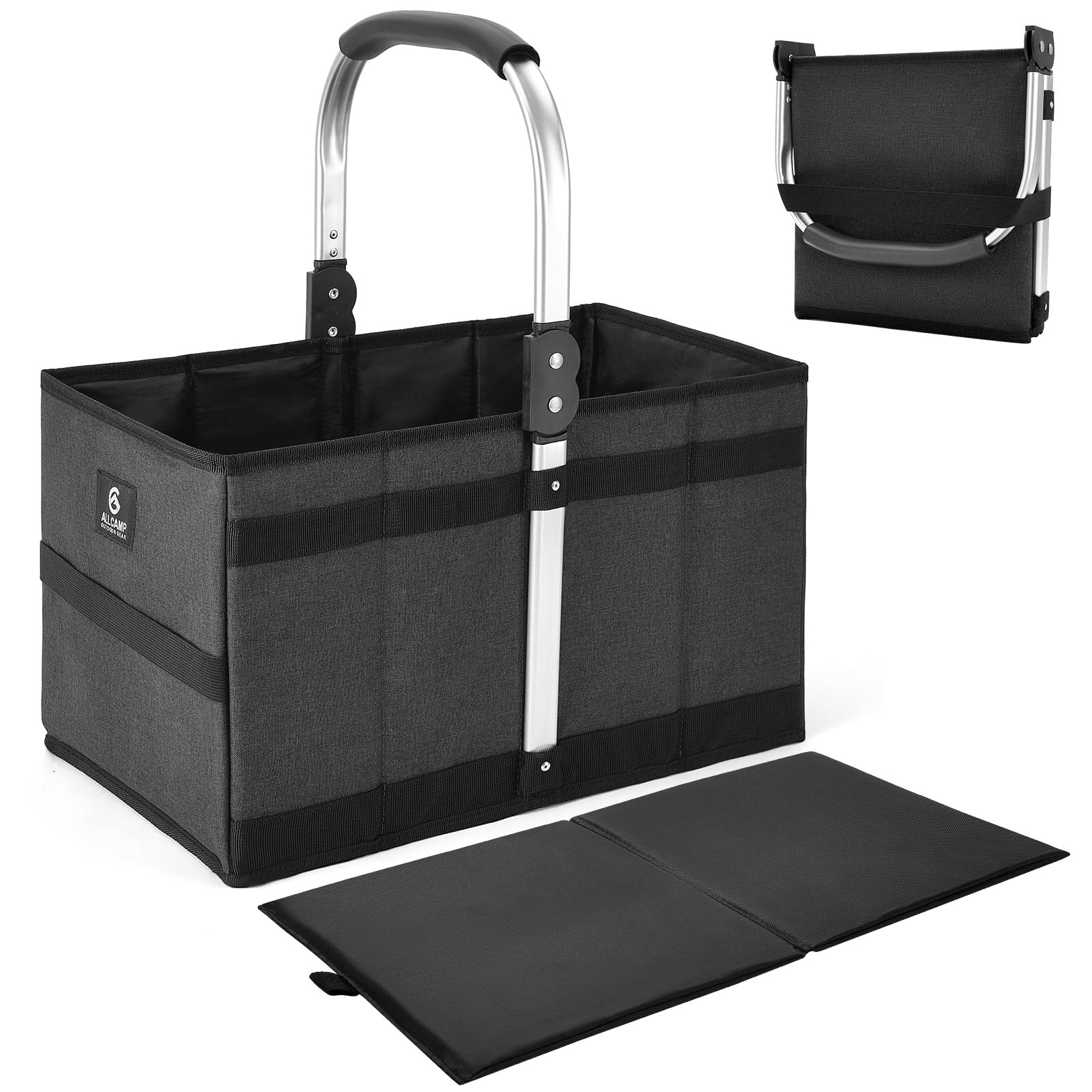ALLCAMP Collapsible Basket - Folds to 9.8" L x 9.6" W x 2.75" H | 27L Large for Picnic, Grocery, Laundry | Portable Reusable Foldable Storage (Black)