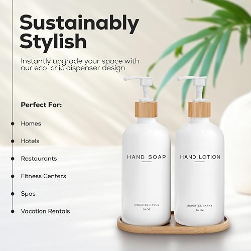 Miniatura 2 de Brighter Barns - Juego de dispensador de jabón y loción de vidrio blanco con bandeja - Dispensador de jabón de manos - Juego de dispensador de jabón
