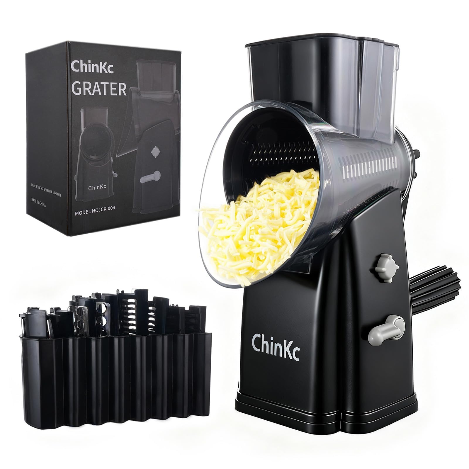 Rotary Cheese Grater Shredder - Upgraded 5 in 1 Cheese Grater with Handle and Strong Suction Base, Multi-purpose Julienne Slicer Ice Shaver Nuts Grinder for Ice, Vegetables, Fruit, Nuts