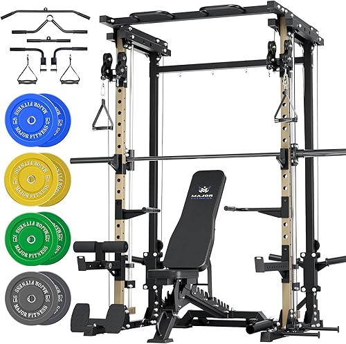 Miniatura 11 de MAJOR FITNESS Drone3 Smith Machine, 2500 libras todo en uno para gimnasio en casa con sistema de polea doble para cable cruzado, barras de dominadas