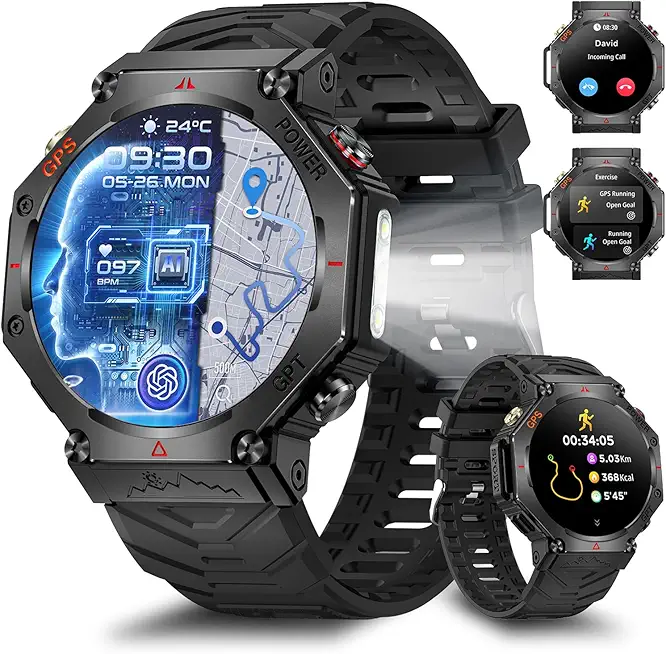 GPS Smartwatch Herren, 2025 Militär Smartwatch Sportuhr, 1.39'' Fitnessuhr Smart Watch für Android und ios, Wasserdichte Fitness Tracker mit Telefonfunktion/Herzfrequenz/AI/ChatGPT/über 100 Sportmodi