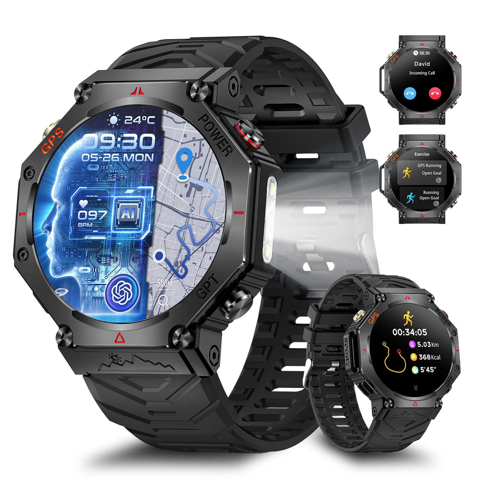 Rmana Reloj Inteligente Hombre GPS Integrado, 1.39'' Smartwatch para Android/iOS, Reloj Inteligente Impermeable con presión Arterial/Ritmo cardíaco/107 Modos Deportivos (Silicona Negra)