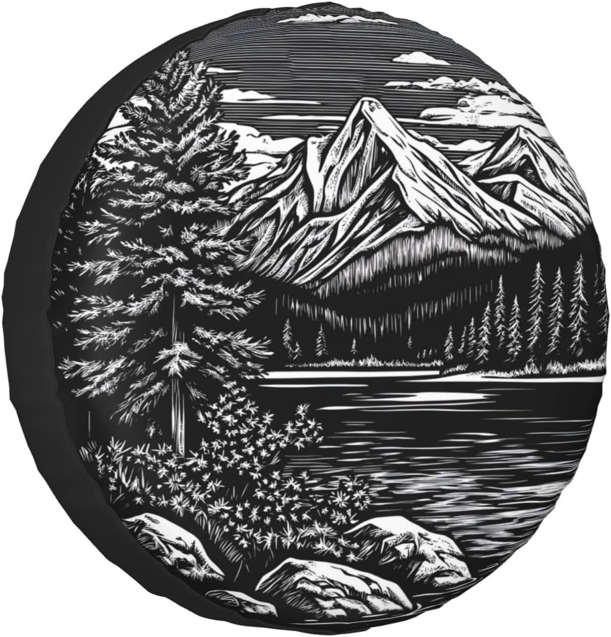 Spare Tire Cover, Universal Fit 16 Inch, Mountain Lake Design, Black (16 Inch)