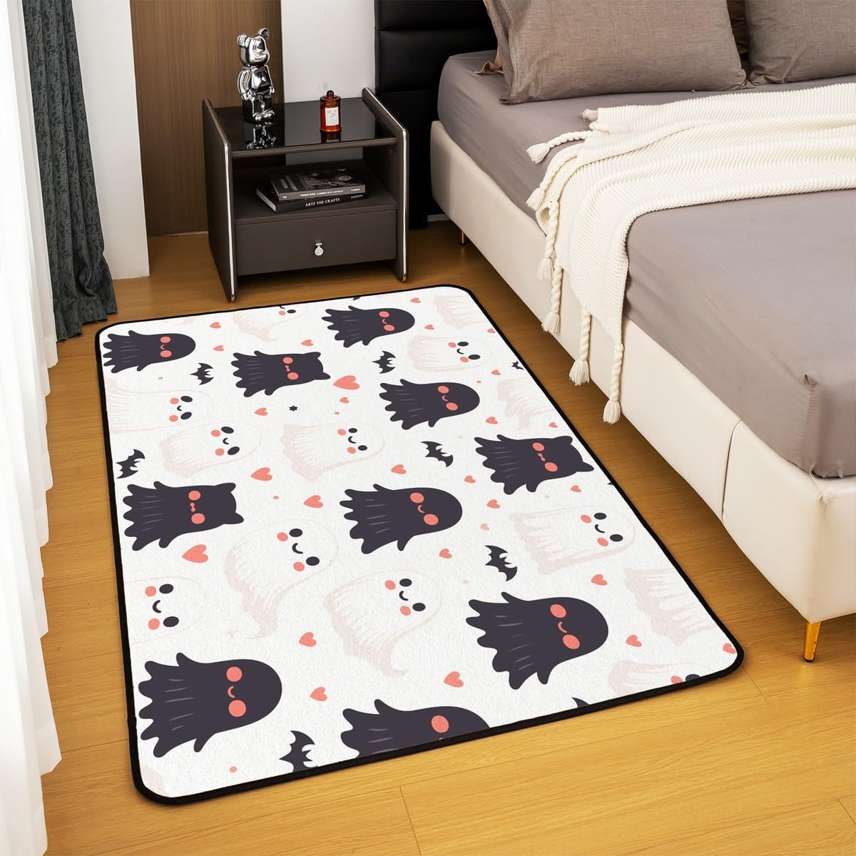 Feelyou Kids Cartoon Cute Ghost Living Room Rugs Halloween Theme Ghost Bats Area Rug 3x5 Teens Boys Girls Room Decor Black White Ghost Decorative Carpet Black Bats Accent Rug