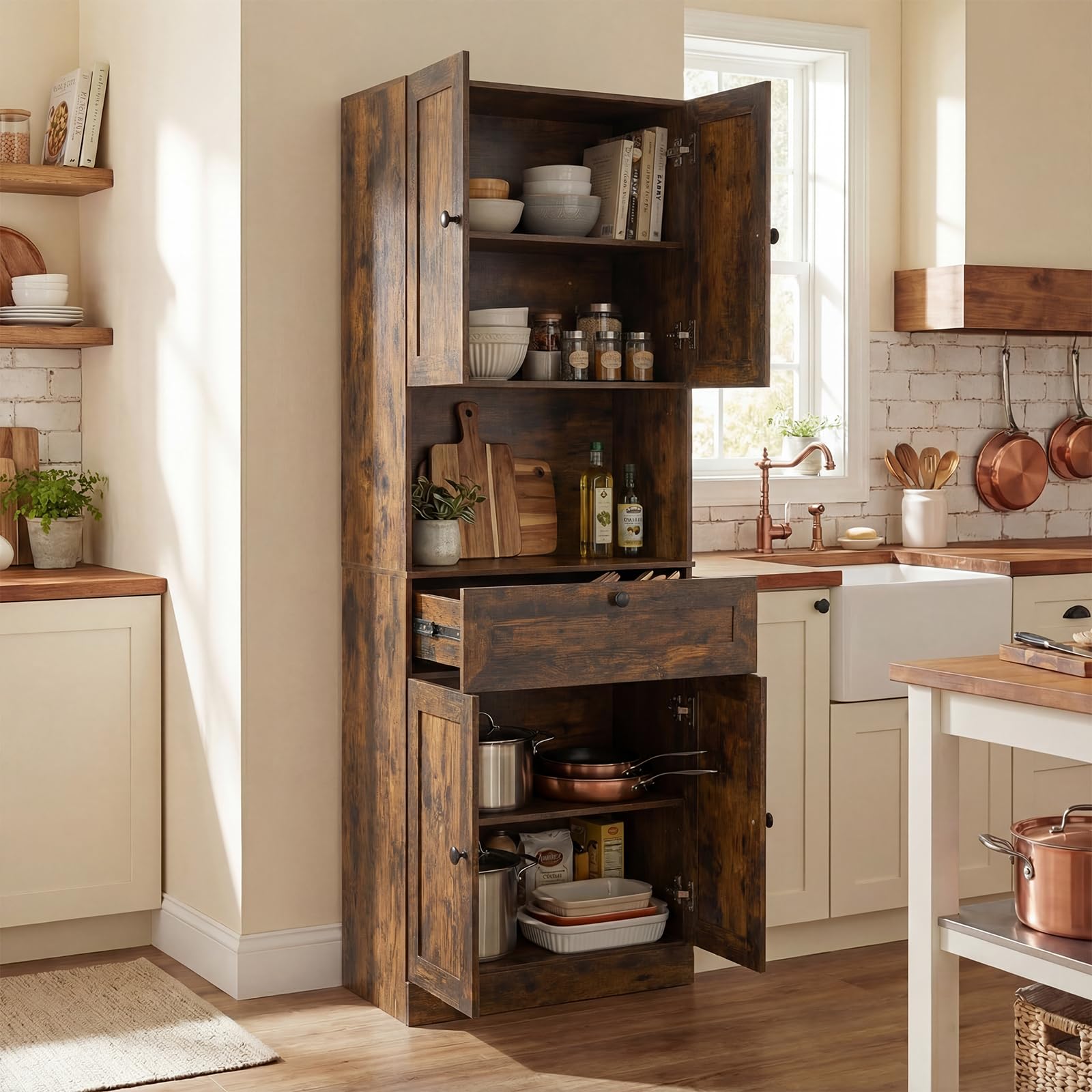GIANTEX Armario Alto de Baño, 60x35x171,5cm, Mueble de Almacenamiento con 4 Puertas, 1 Cajón y Compartimento Abierto, Estante Ajustable, Kits Antivuelco, Organizador para Salón, Cocina (Marrón)