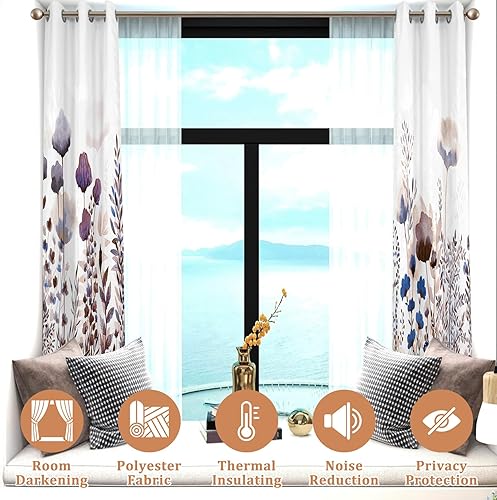 Miniatura 7 de Renaiss Cortinas opacas de flores silvestres, estampado floral botánico pastel con aislamiento térmico, cortinas de ventana de plantas naturales