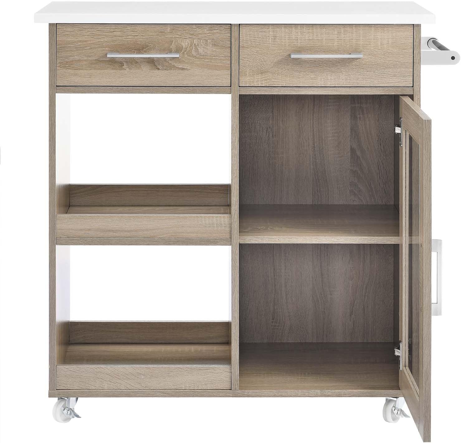 Modway Culinary Rolling Kitchen Cart with Storage in Oak White - 3 Tiers Kitchen Island on Wheels with Towel Bar, Functional as a Coffee Station, Bar Cabinet or Butcher Block Island