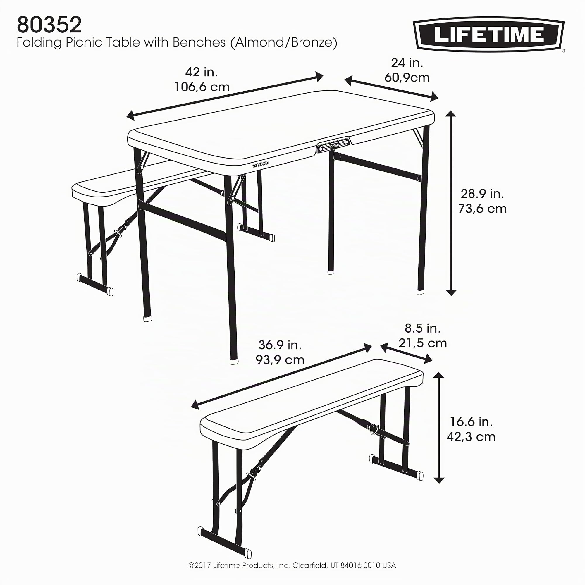 Lifetime Ensemble de Camping Table/bancs Almond 106,6 x 60,9 x 73,6 cm 80352