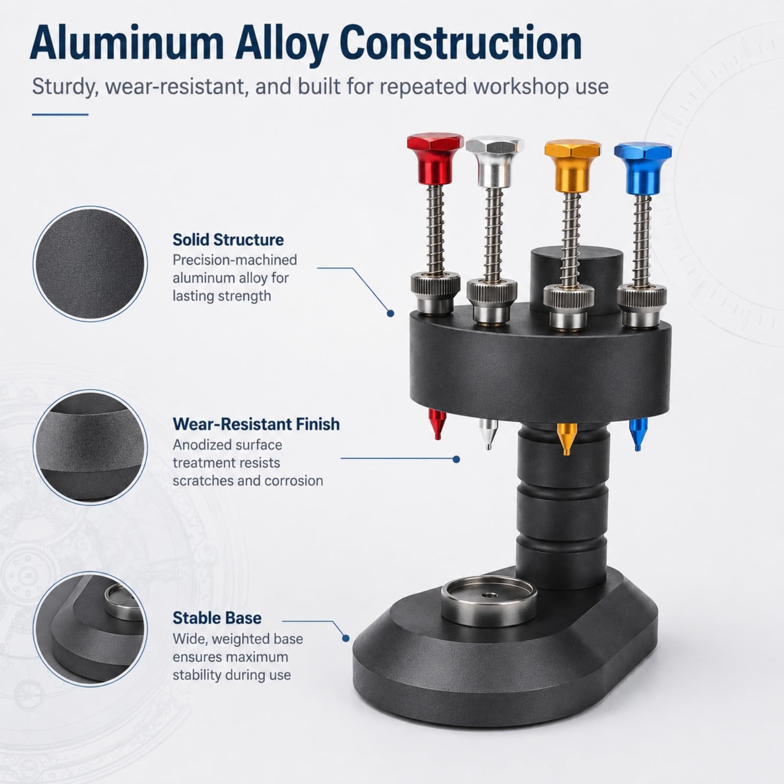 Uhr Presse Set für Uhren Reparatur - Uhrendeckelpresse aus Aluminiumlegierung mit 4 Stiftdüsen, Professionelles Uhrenwerkzeug für Uhrmacher