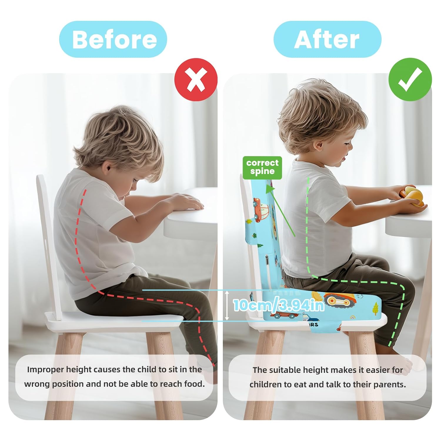 Toddler Booster Seat for Dining Table with Adjustable Straps, Kids Booster Seat for Kitchen Chair with Non-Slip Bottom, Portable Detachable Washable Increasing Cushion (Excavator)