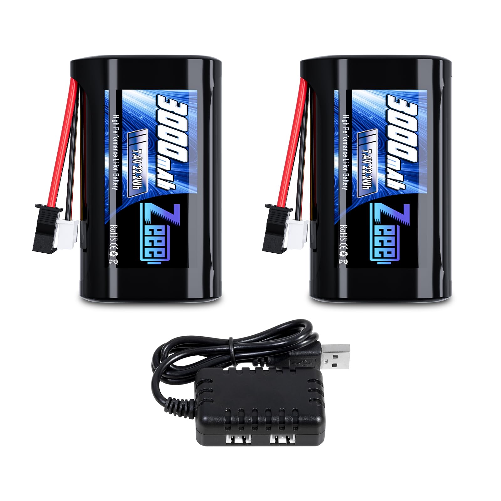 Zeee 2S Li-ion Battery 3000mAh 7.4V SM 2P Connector 2S Rechargeable RC Battery with 7.4V Battery Charger Compatible with WPL MN RC Cars RC Boat RC Trucks(2 Pack)