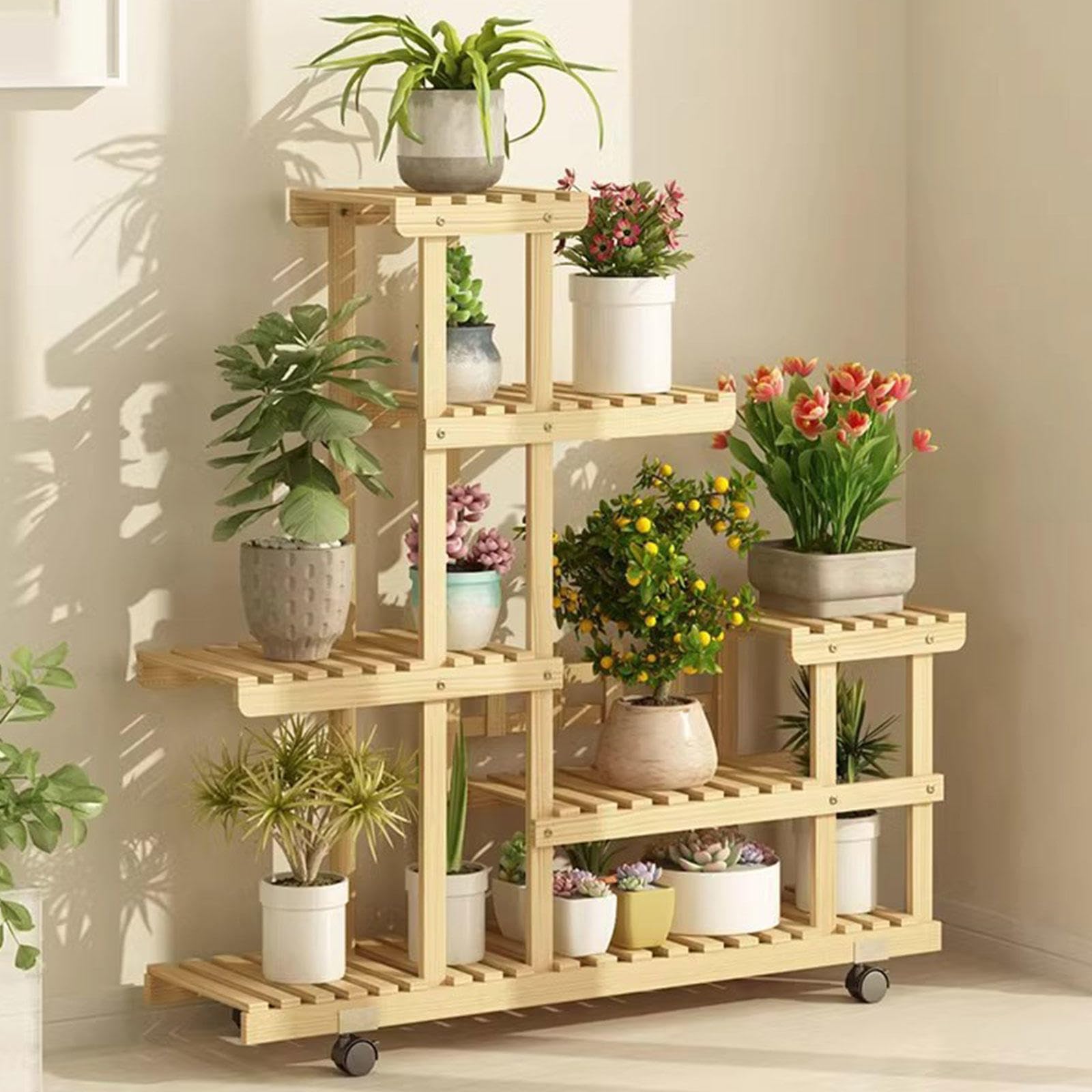 Support à plantes en bois pour coin de salon et balcon fleuri sur roulettes