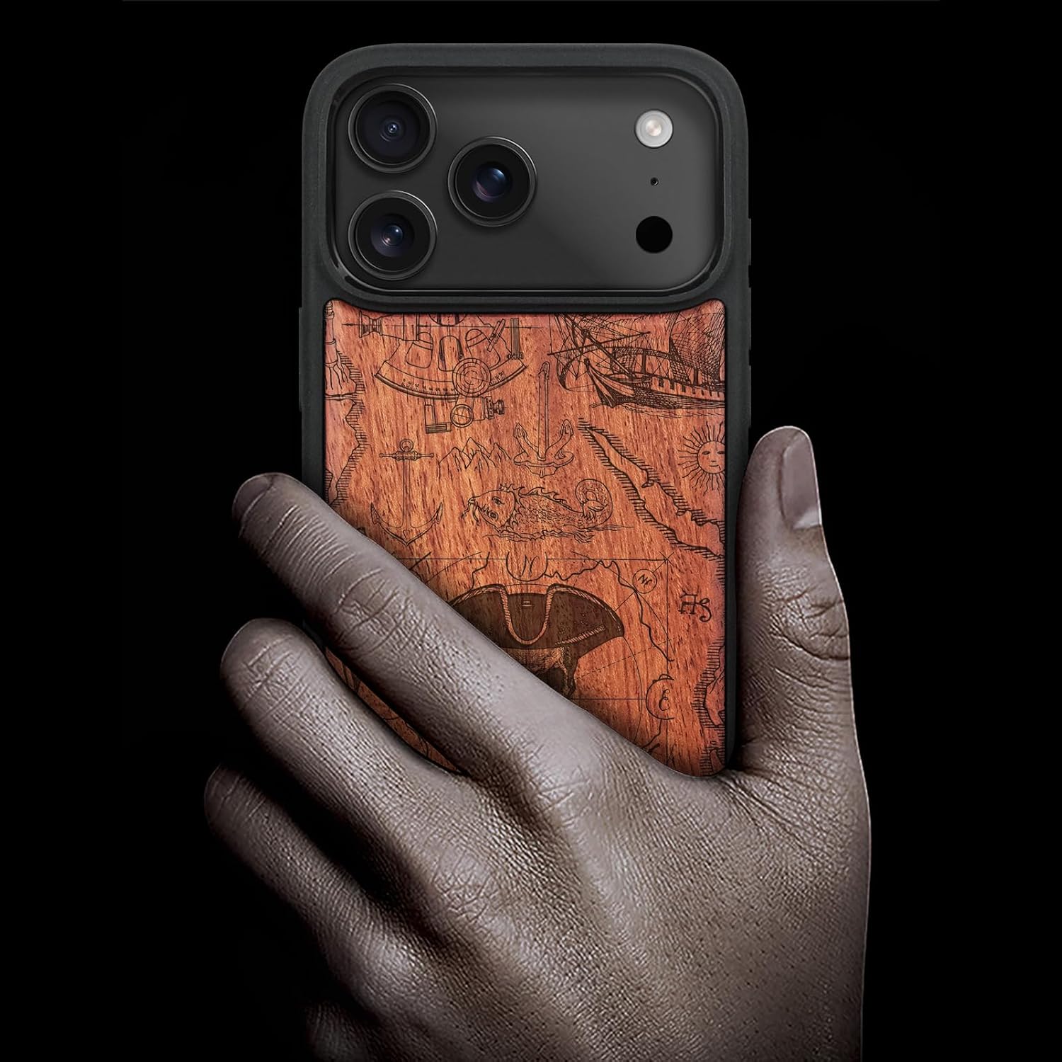 Carveit Magnetic Wooden Case for iPhone 17 Pro Case, Wood Artisan Engraved & Black Soft TPU Shockproof Cover, Compatible with MagSafe Wireless Chargers (Pirate Flag) Rosy