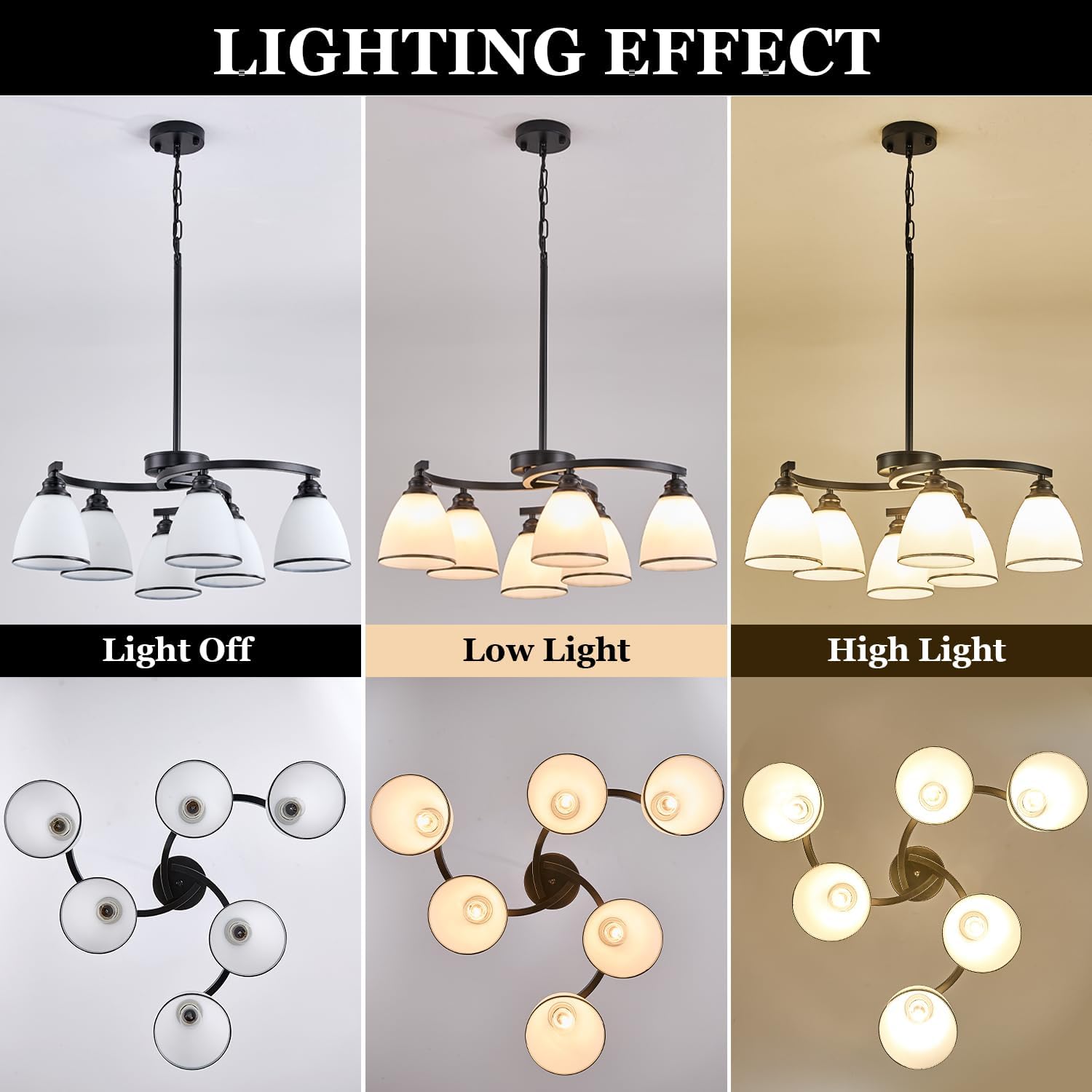 6-Light Modern Chandelier Light Fixture for Dinner Room, Matte Black Hanging Lamp with Frosted Milk White Glass Lampshade, Adjustable Height Pendant Ceiling Light for Island Entryway Office Bedroom