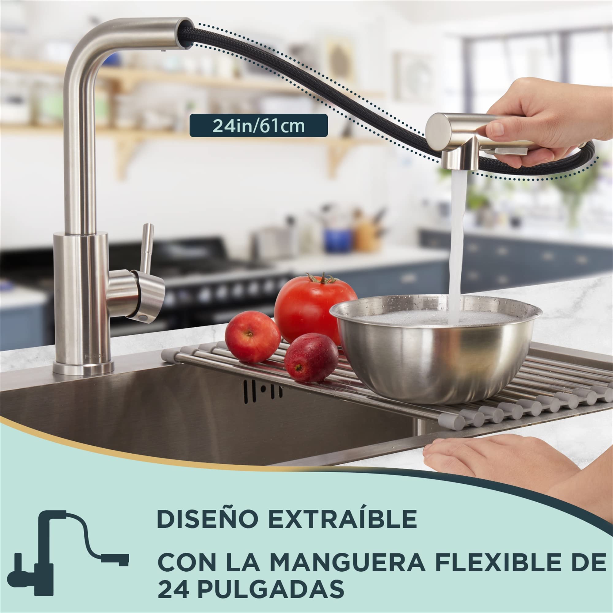 FORIOUS Grifo Cocina Extraible, Grifo Cocina Fregadero con Ducha de 2 Modos de Rociado Giratorio a 360° Torneira Cozinha Monomando, Acero Inoxidable