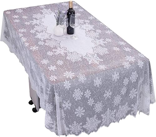 mookaitedeocr - Mantel de encaje de poliéster de 69 a 70 pulgadas, cubierta de mesa redonda de copos de nieve blancos para Navidad, Acción de
