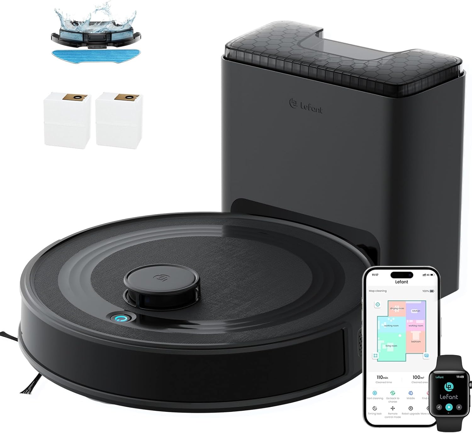 Lefant LiDAR Robot Vacuum Cleaner, 75 Day Self Emptying Robotic Vacuum and Mop,Multi-Floor Mapping，Roller Brush for Carpe， M2 Plus Black