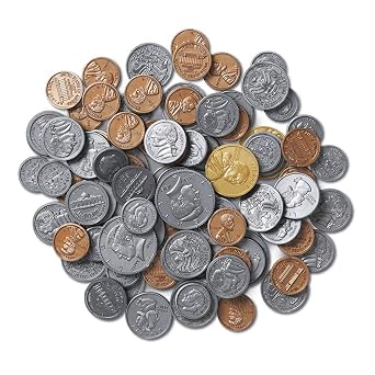 hand2mind-862 Play Money Plastic Coins with Plastic Storage Bin (Pack of 768) & 840A Assorted Plastic Realistic Coins, Set of 96