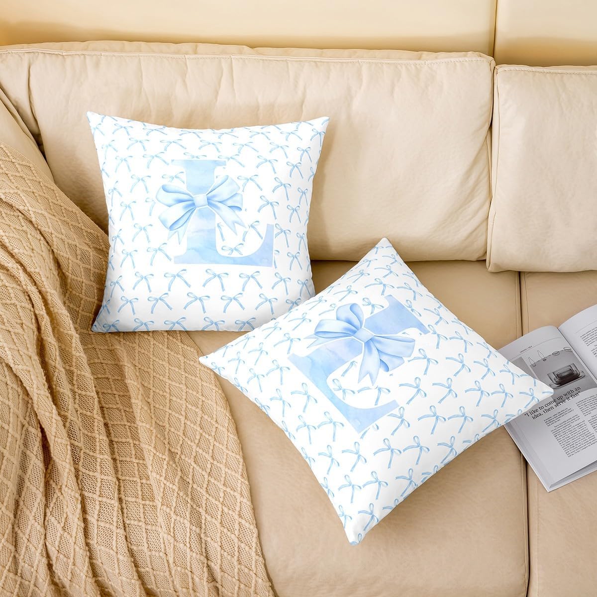 Cartoon Bowknot Kids Throw Pillow Cover,Blue Bow Tie Letter L Knot Princess Double Sides Pillow Case Girls Women,Watercolor Bow Patchwork Blue White Bed Couch Sofa Cushion Cover,Single Pack 24"x24"